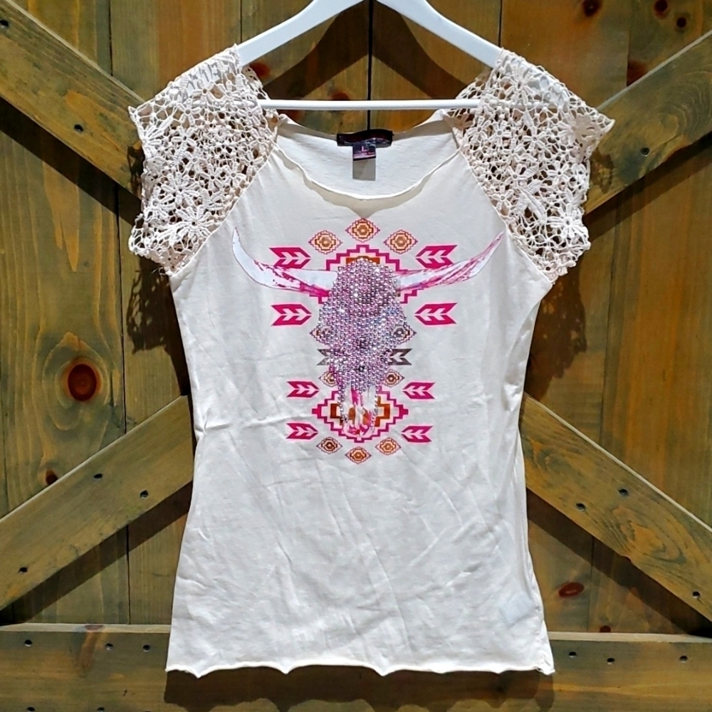 ROCK & ROLL COWGIRL BULLHEAD TOP W BLING  LACE CREAM PINK WESTERN